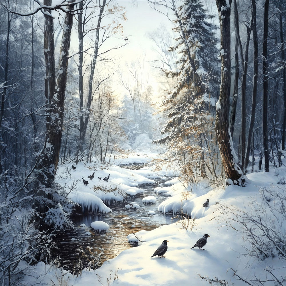 Toile de fond Neige Ruisseau Hiver Forêt Corbeau MRR7-178
