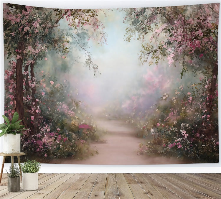 Toile de fond Peinture Sentier Fleurs Roses MRR7-183