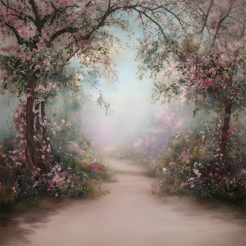 Toile de fond Peinture Sentier Fleurs Roses MRR7-183