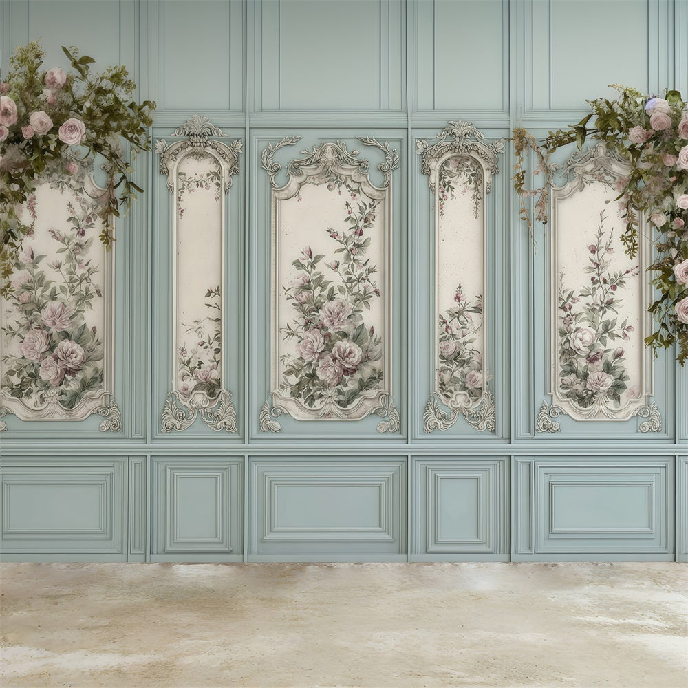 Toile de fond Vintage Mur Fleuri Bleu Baroque MRR7-219