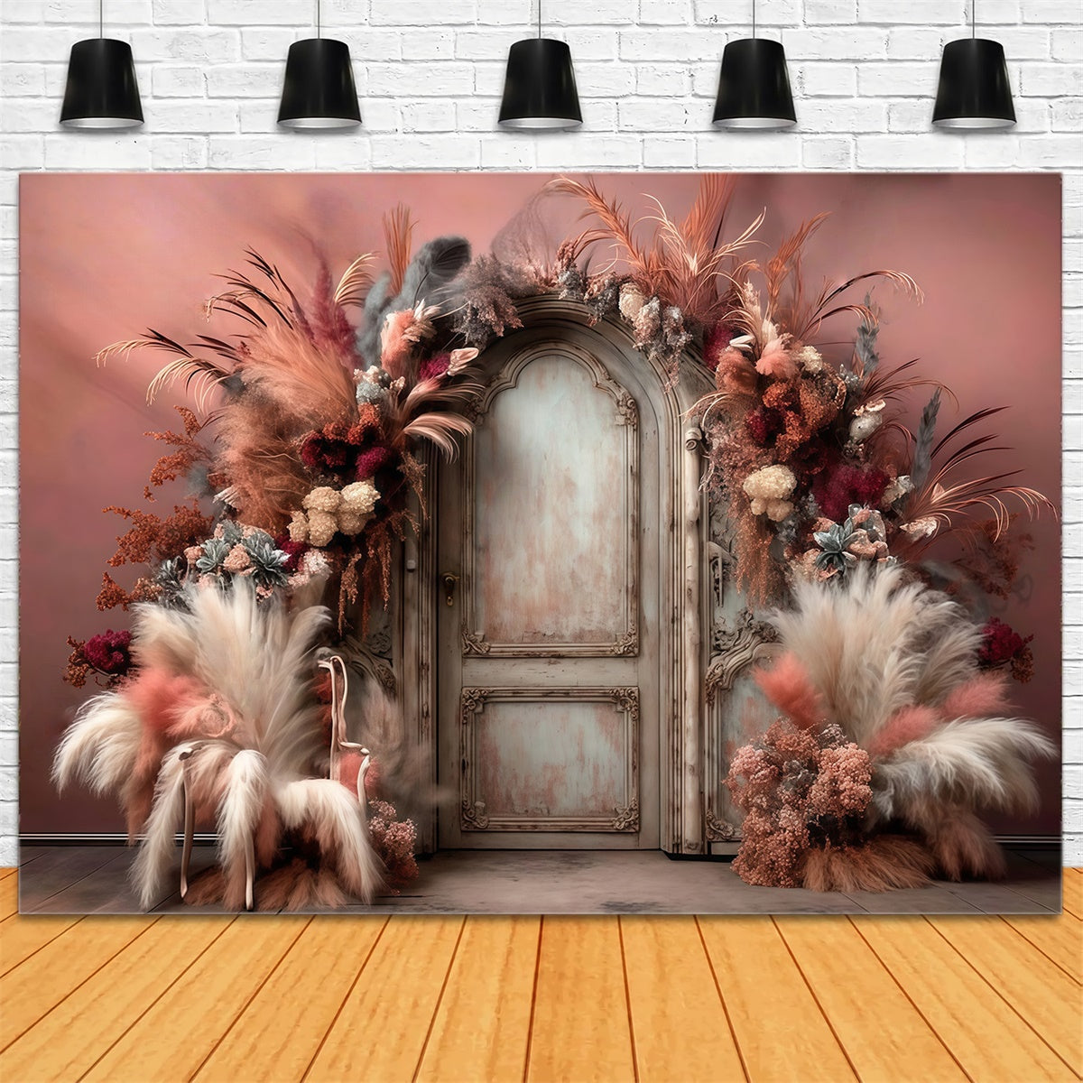 Toile de fond photo bohème Porte Fleurie Plumes MRR7-272