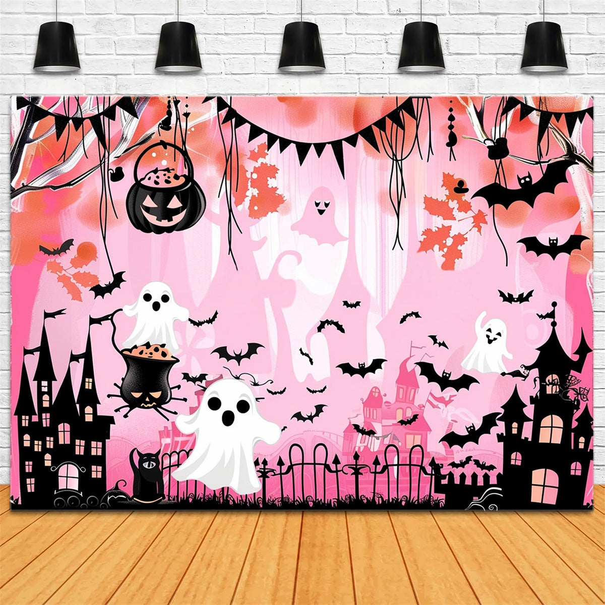 Toile de fond Halloween Château Rose Chauve-Souris Fantôme MRR7-46