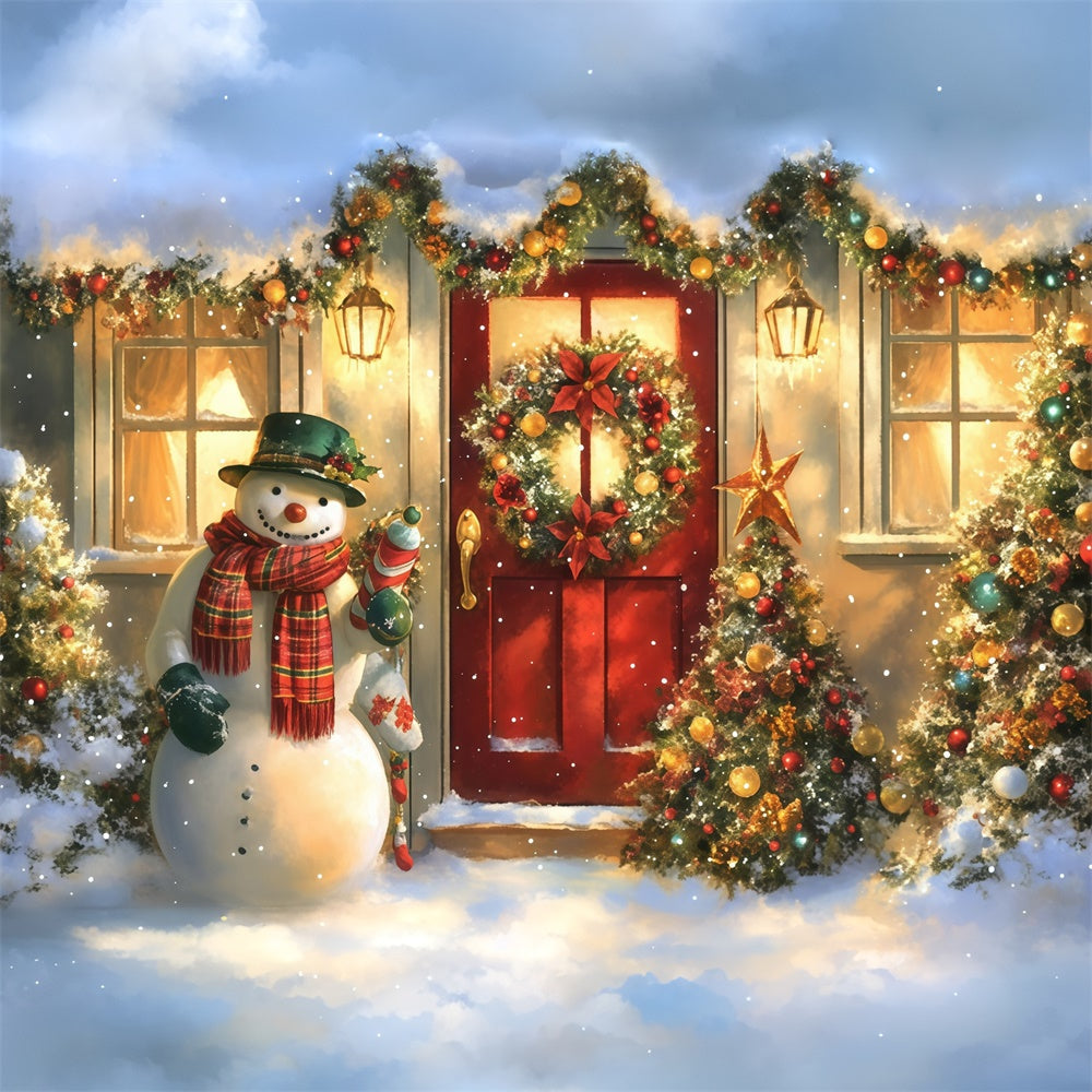 Toile de fond photo Noël Chalet Douillet Bonhomme de Neige MRR7-56