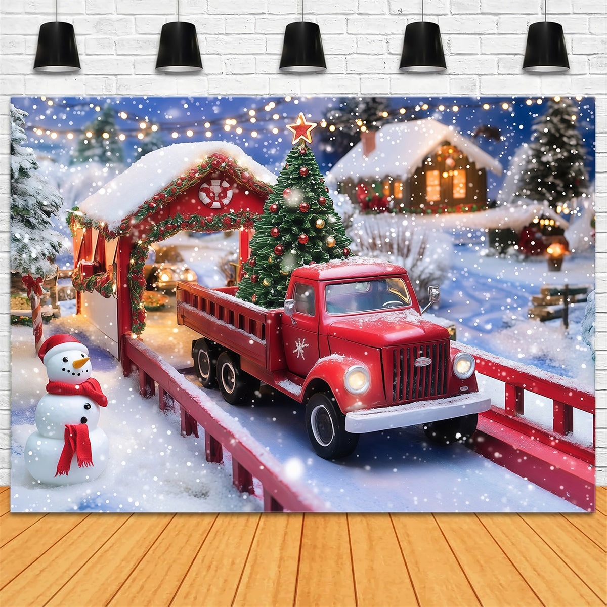 Toile de fond photo Noël Camion et Bonhomme de Neige MRR7-79