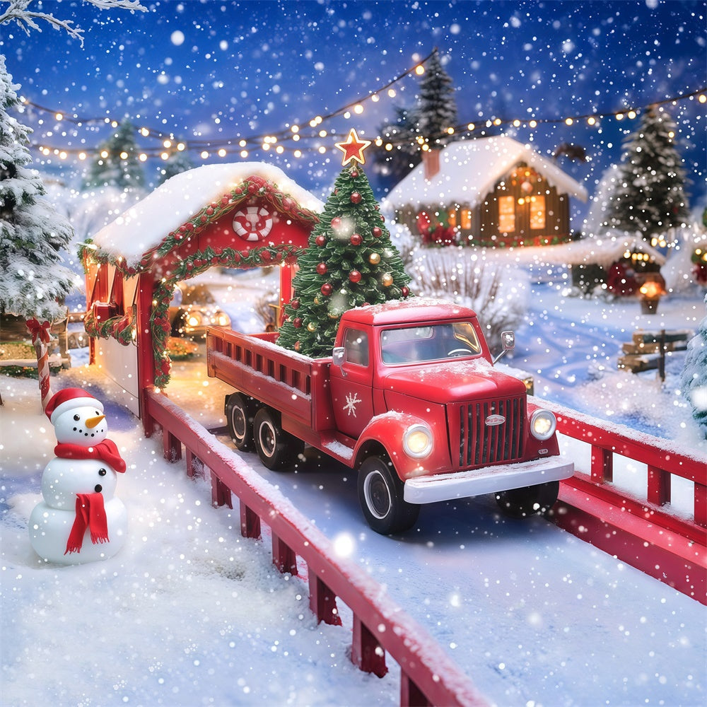 Toile de fond photo Noël Camion et Bonhomme de Neige MRR7-79