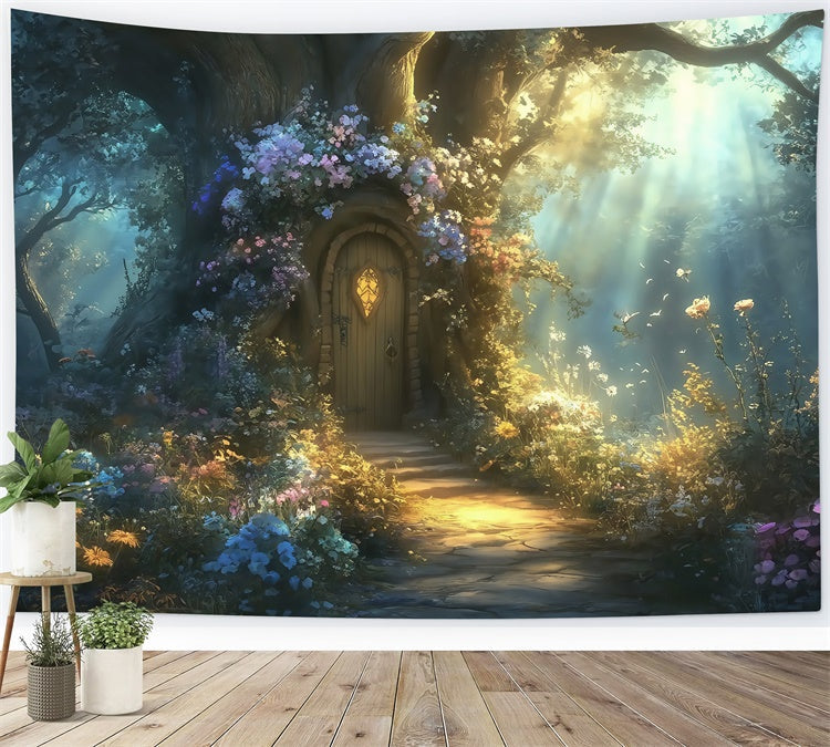Toile de fond Forêt Conte Chalet Arbre Fleuri MRR7-93