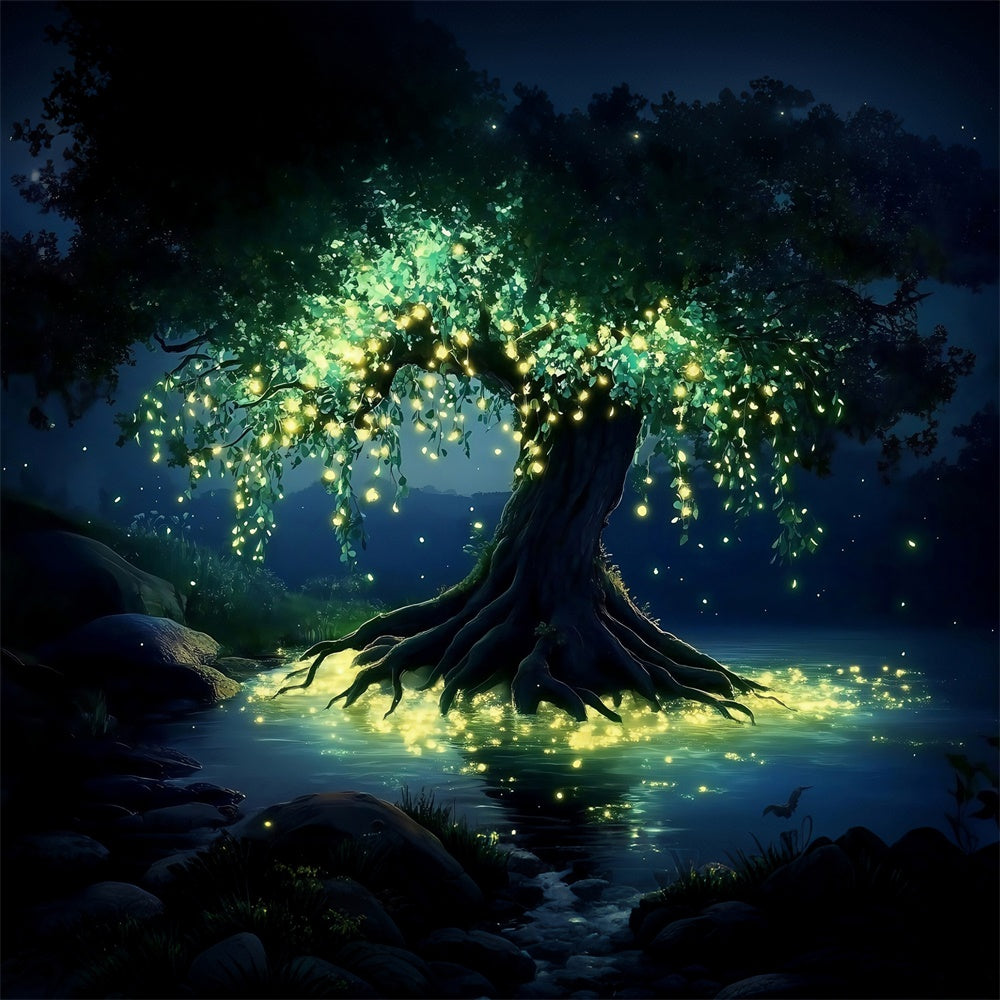 Toile de fond Forêt Magique Lac Sérénité Nuit MRR7-98