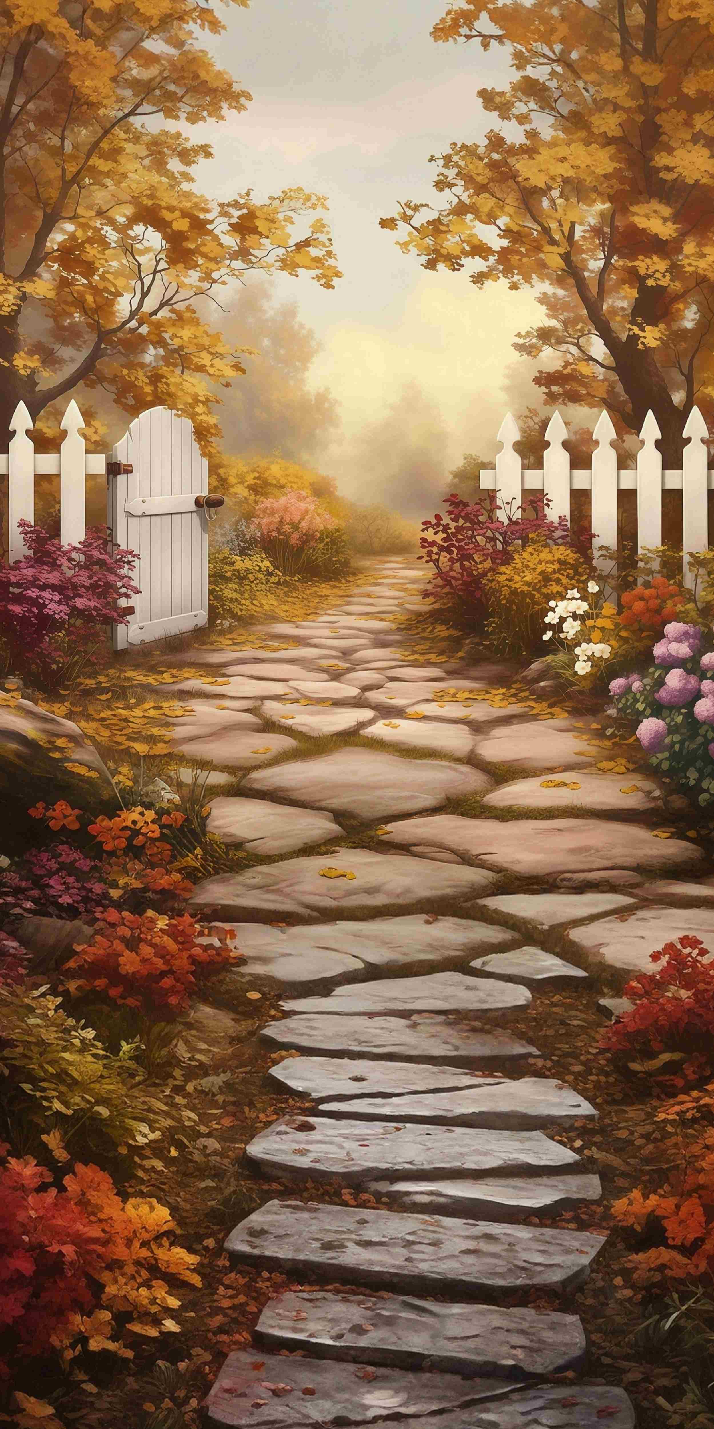 Toile de fond Sweep Automne Clôture Blanche Allée Jardin MRR8-100
