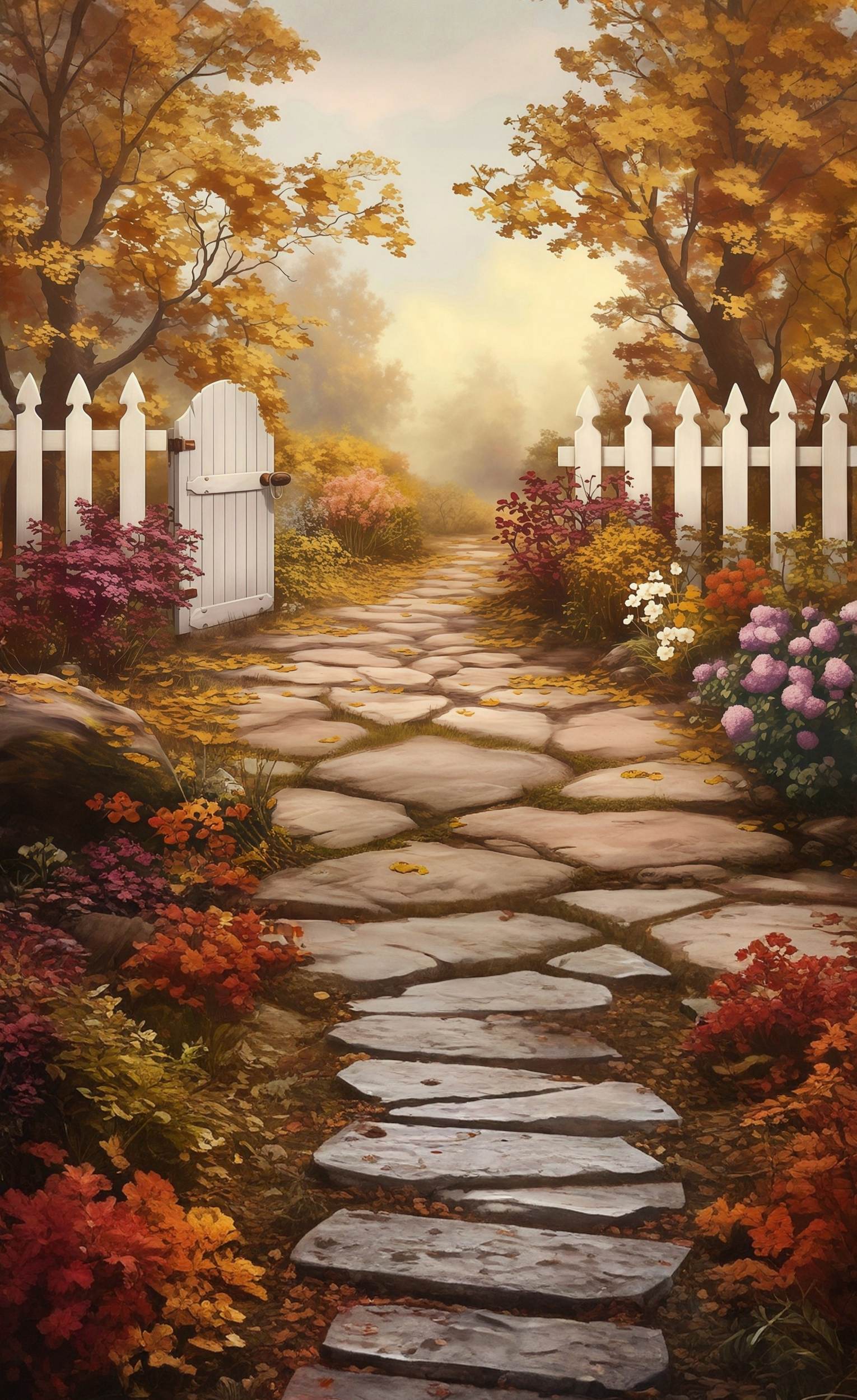 Toile de fond Sweep Automne Clôture Blanche Allée Jardin MRR8-100