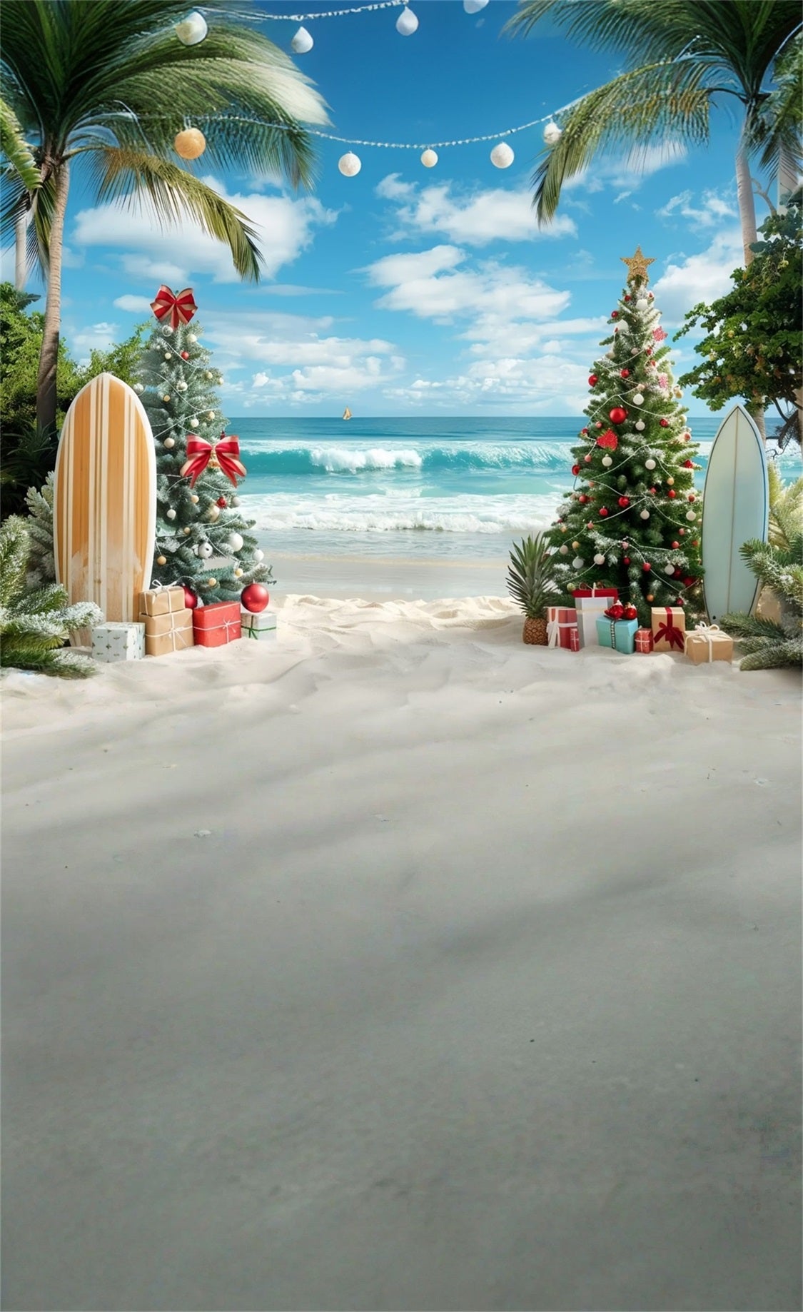 Toile de fond Noël Sapin de Noël Plage et Planches de Surf MRR8-102