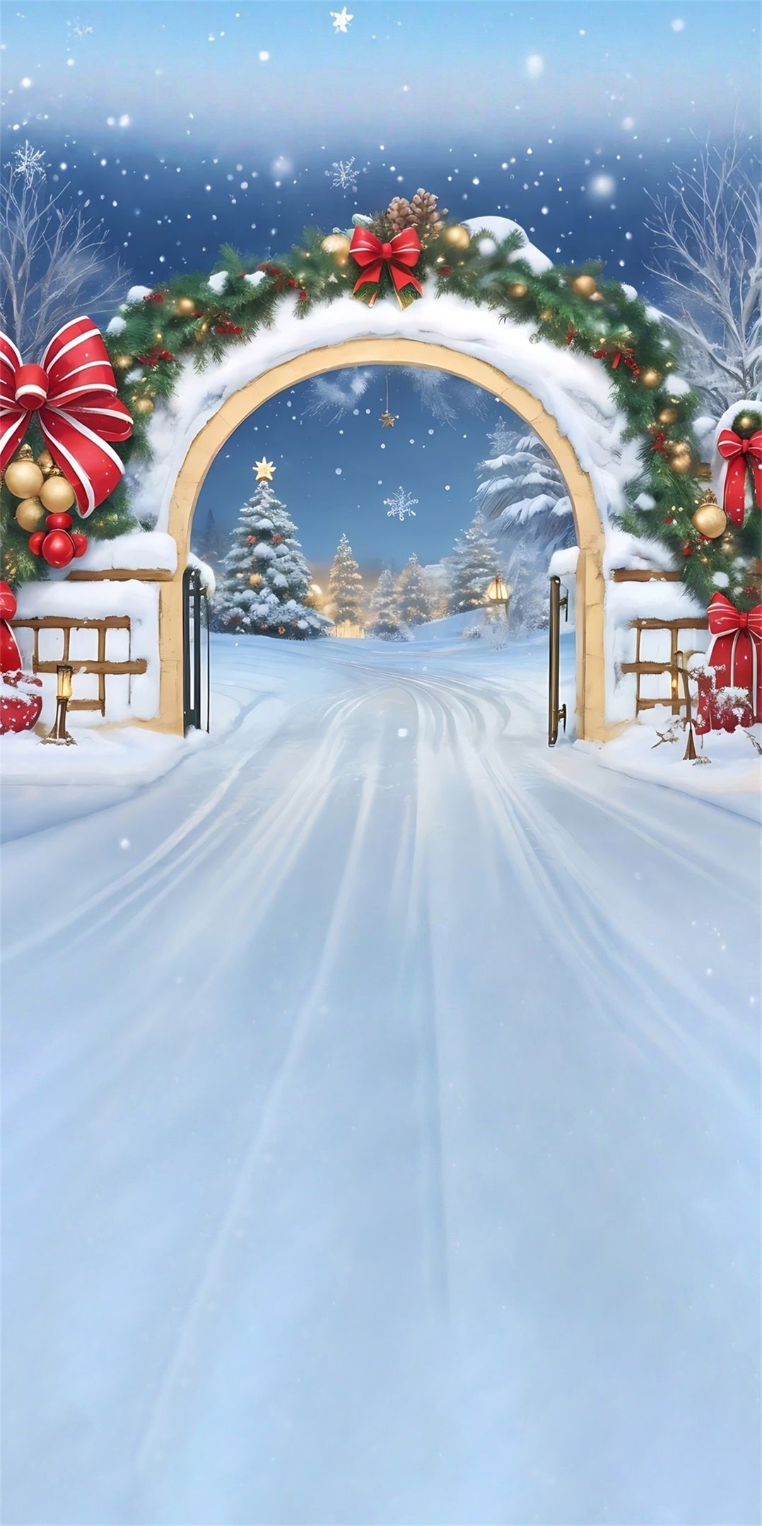 Toile de fond photo Noël Arche Nœud Rouge Neige Tombante MRR8-105