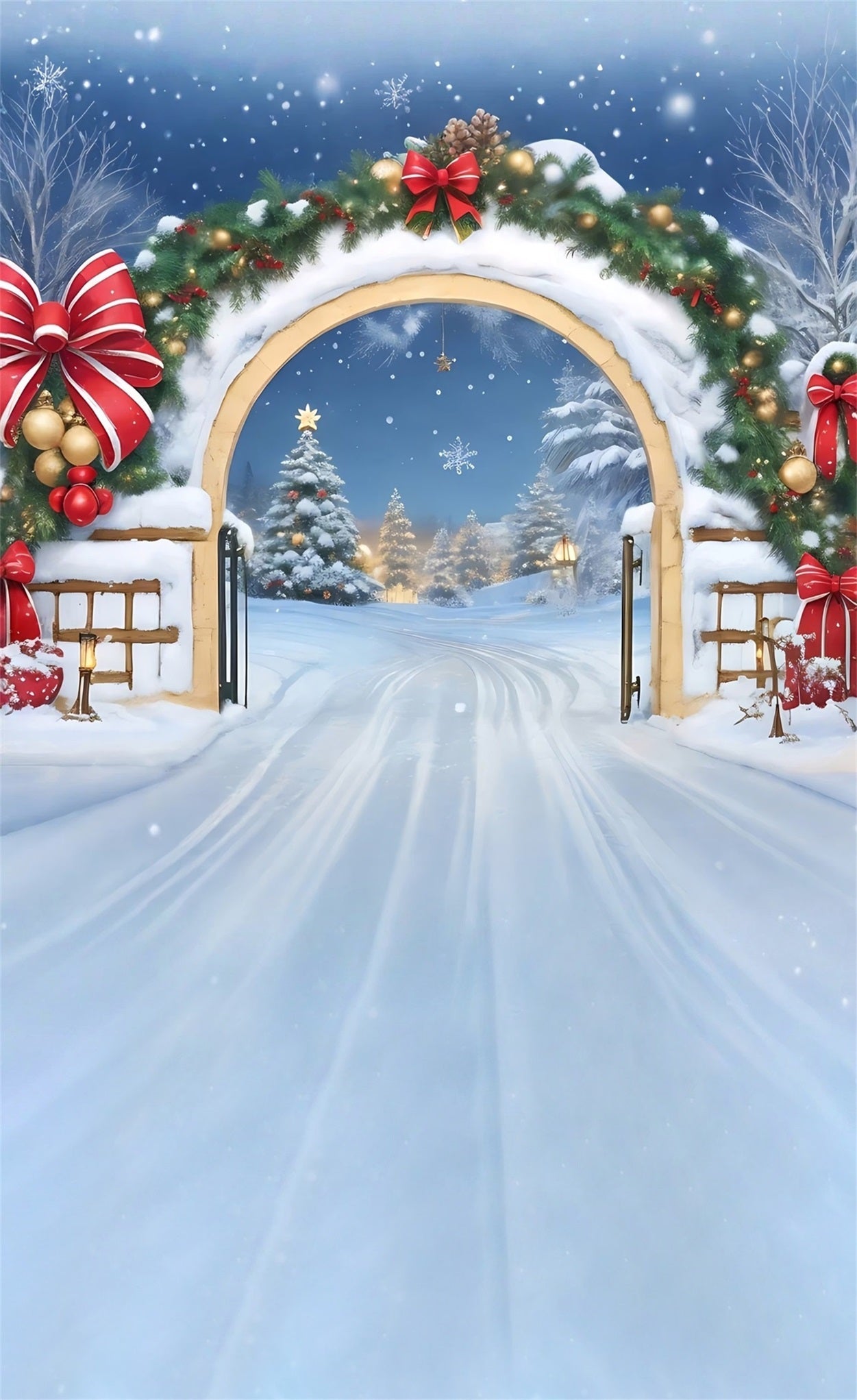 Toile de fond photo Noël Arche Nœud Rouge Neige Tombante MRR8-105