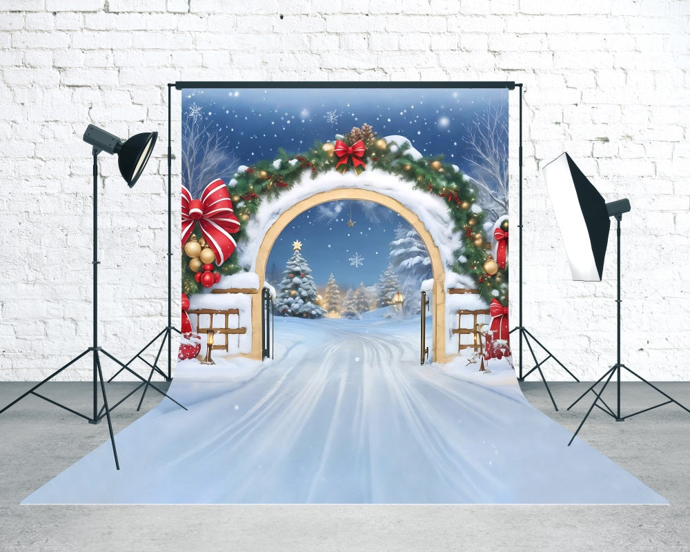 Toile de fond photo Noël Arche Nœud Rouge Neige Tombante MRR8-105