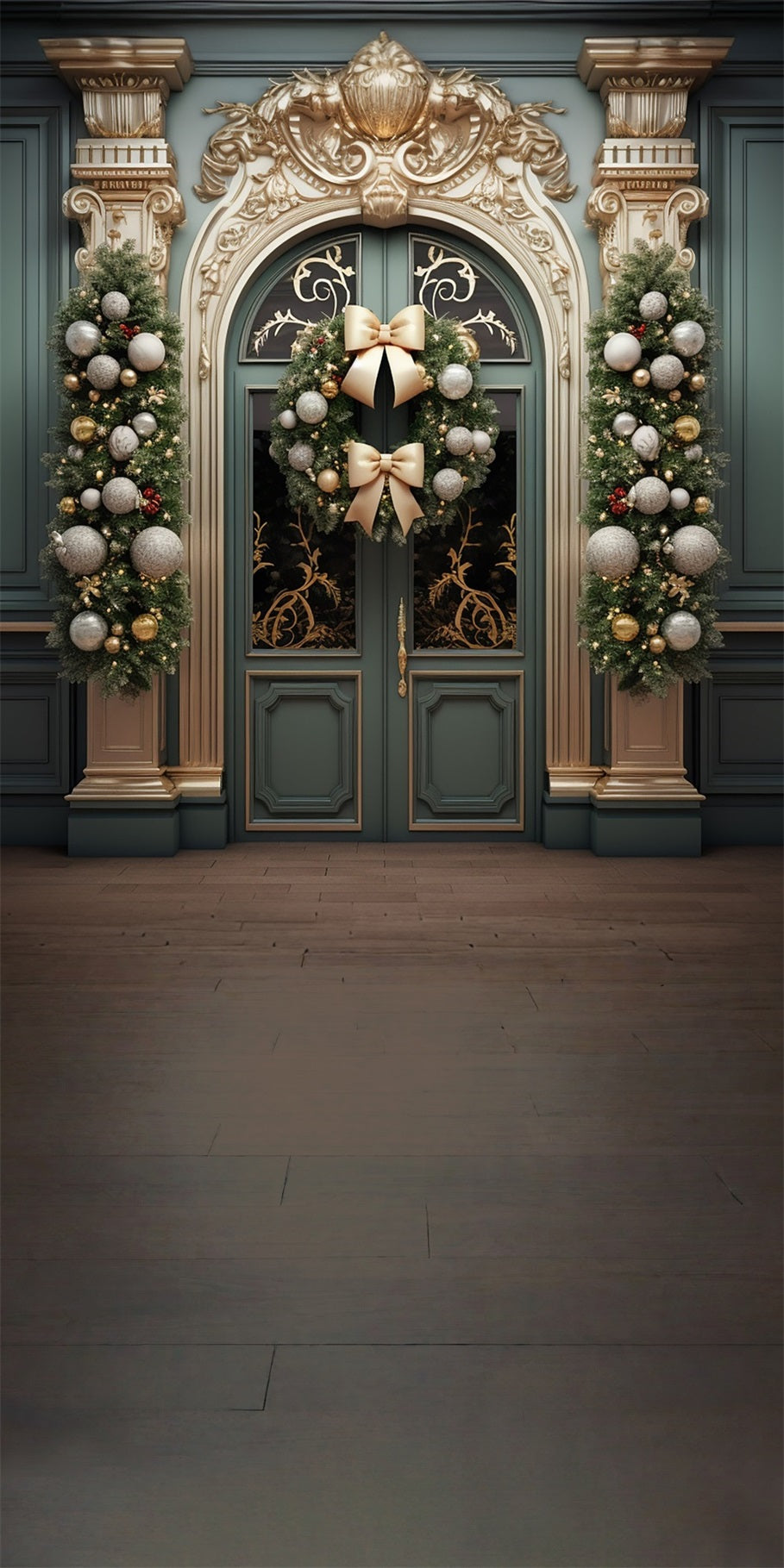 Toile de fond Noël Porte Dorée de Luxe avec Couronne et Nœud MRR8-107