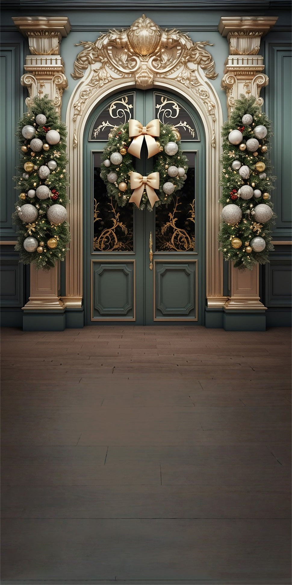 Toile de fond Noël Porte Dorée de Luxe avec Couronne et Nœud MRR8-107