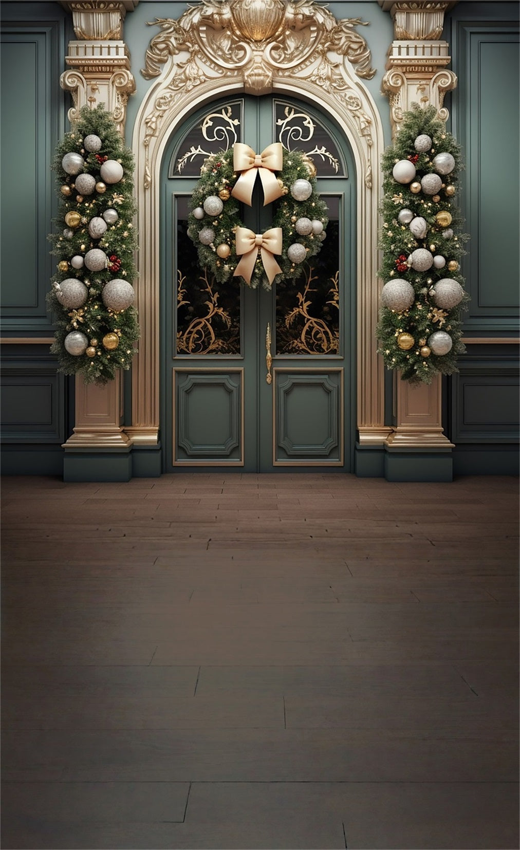 Toile de fond Noël Porte Dorée de Luxe avec Couronne et Nœud MRR8-107