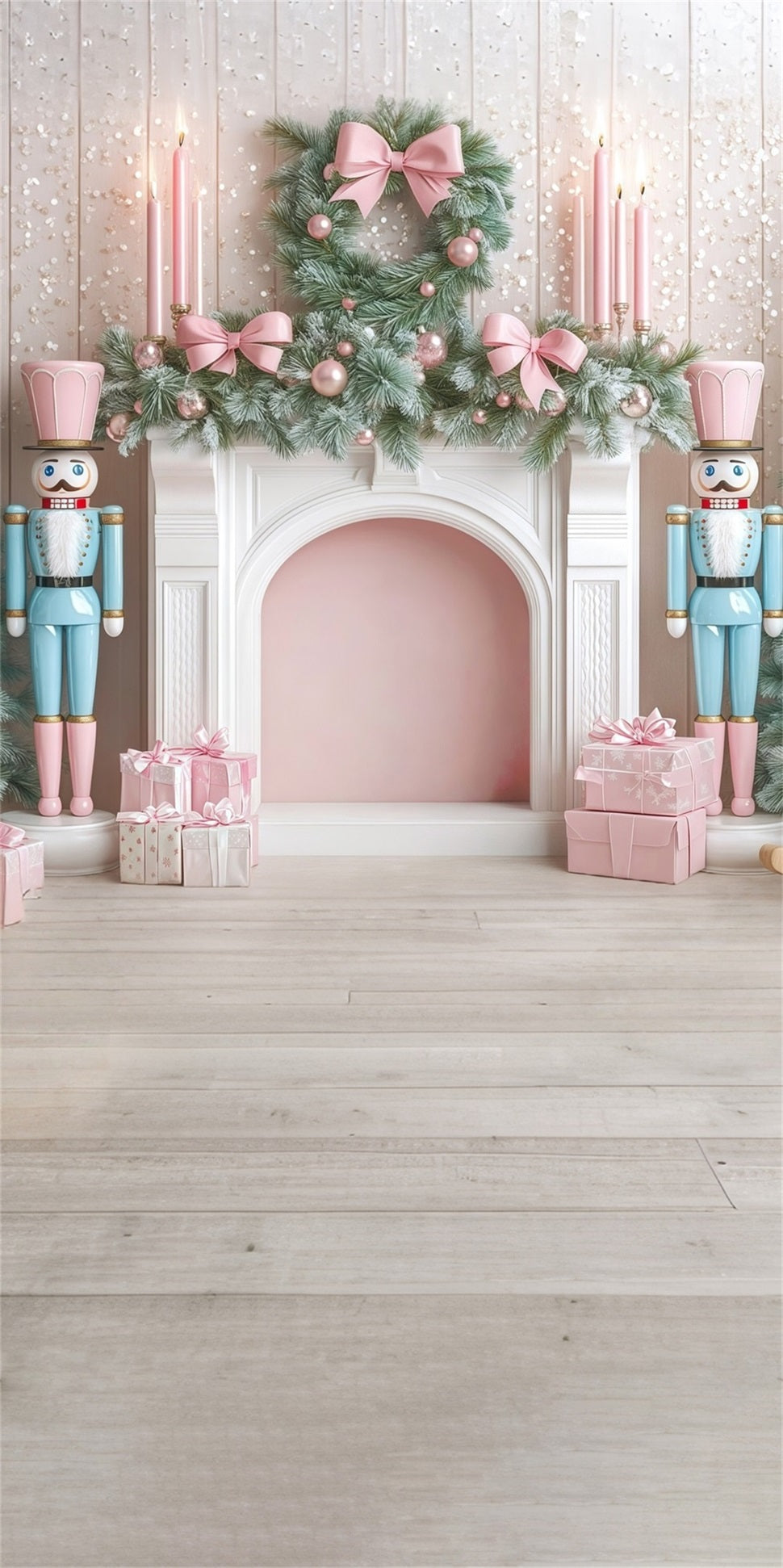 Toile de fond Noël Cheminée Casse-Noisette Bleu et Rose MRR8-109
