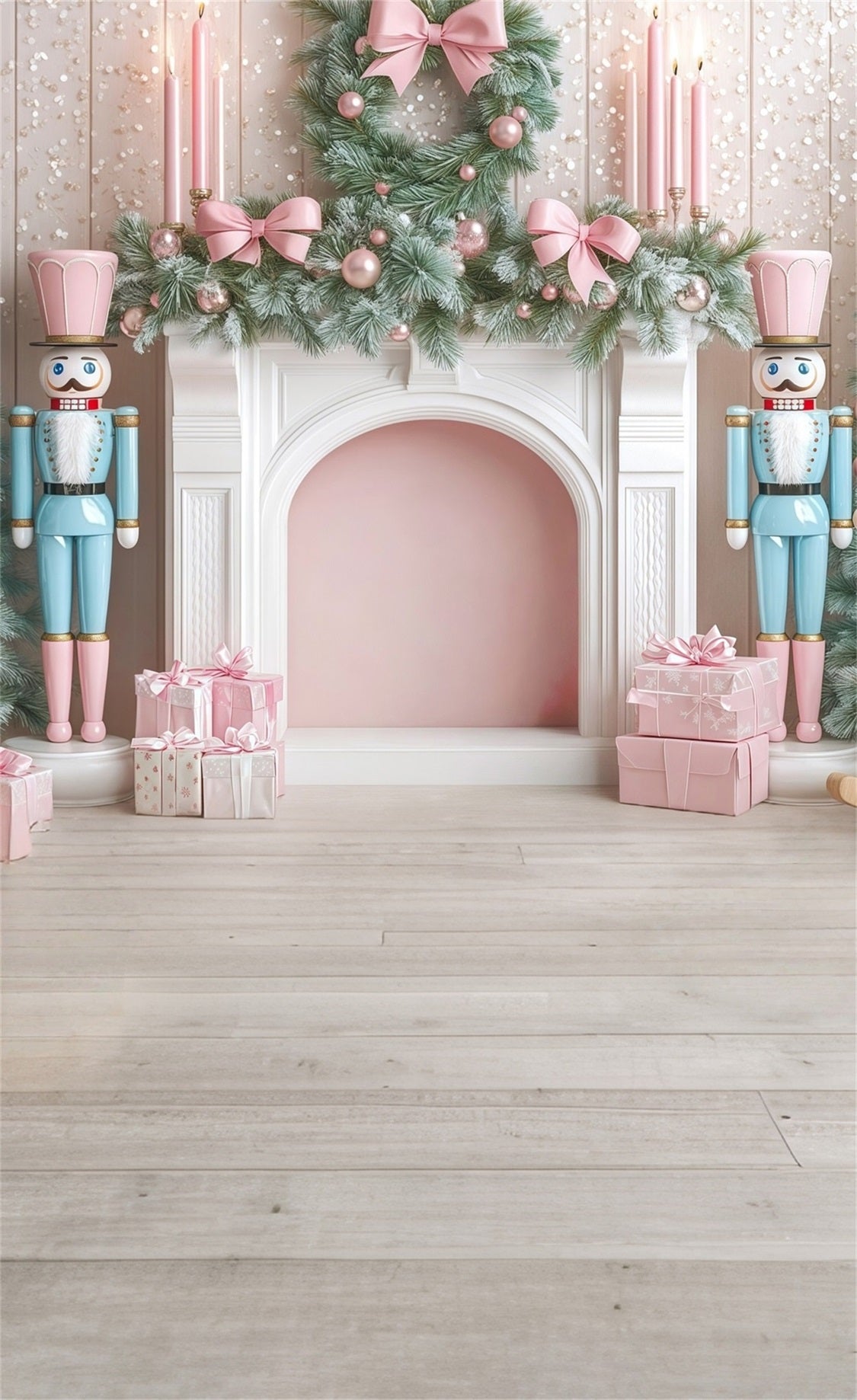 Toile de fond Noël Cheminée Casse-Noisette Bleu et Rose MRR8-109