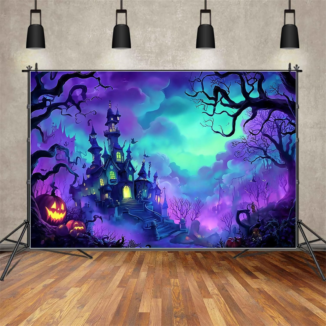 Toile de fond photo halloween Château Forêt Brume Citrouille MRR8-11