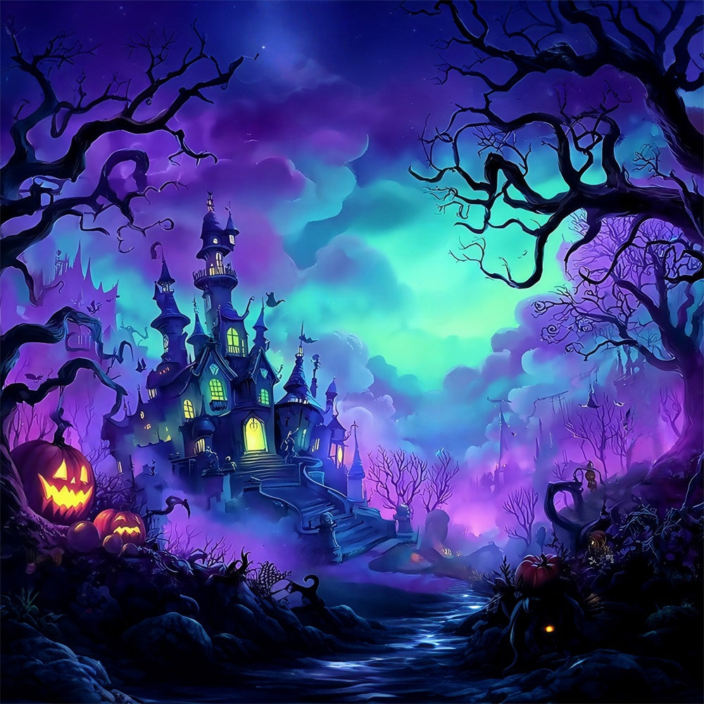 Toile de fond photo halloween Château Forêt Brume Citrouille MRR8-11