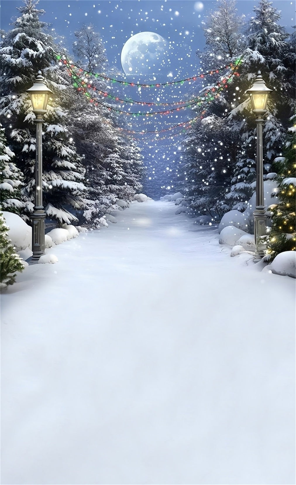 Toile de fond Noël Sentier de Cèdres Lumières Colorées Nuit Neigeuse MRR8-116