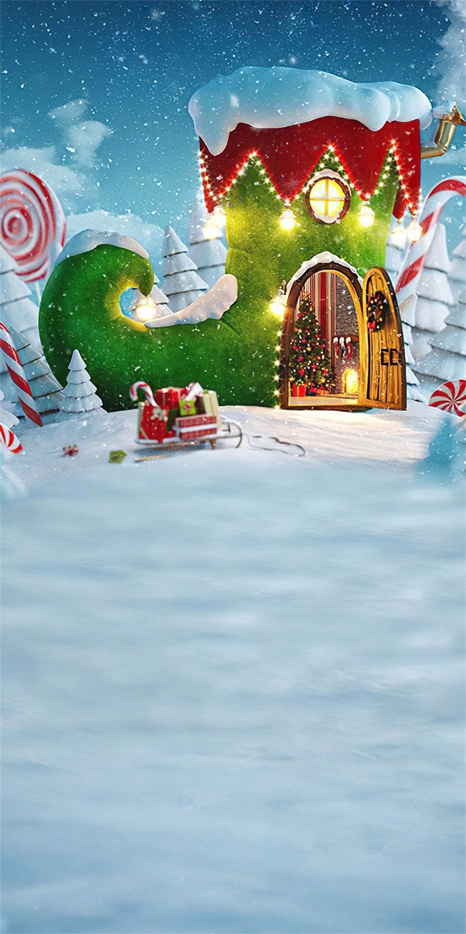 Toile de fond Noël Chalet Féérique Bottes Vertes MRR8-117