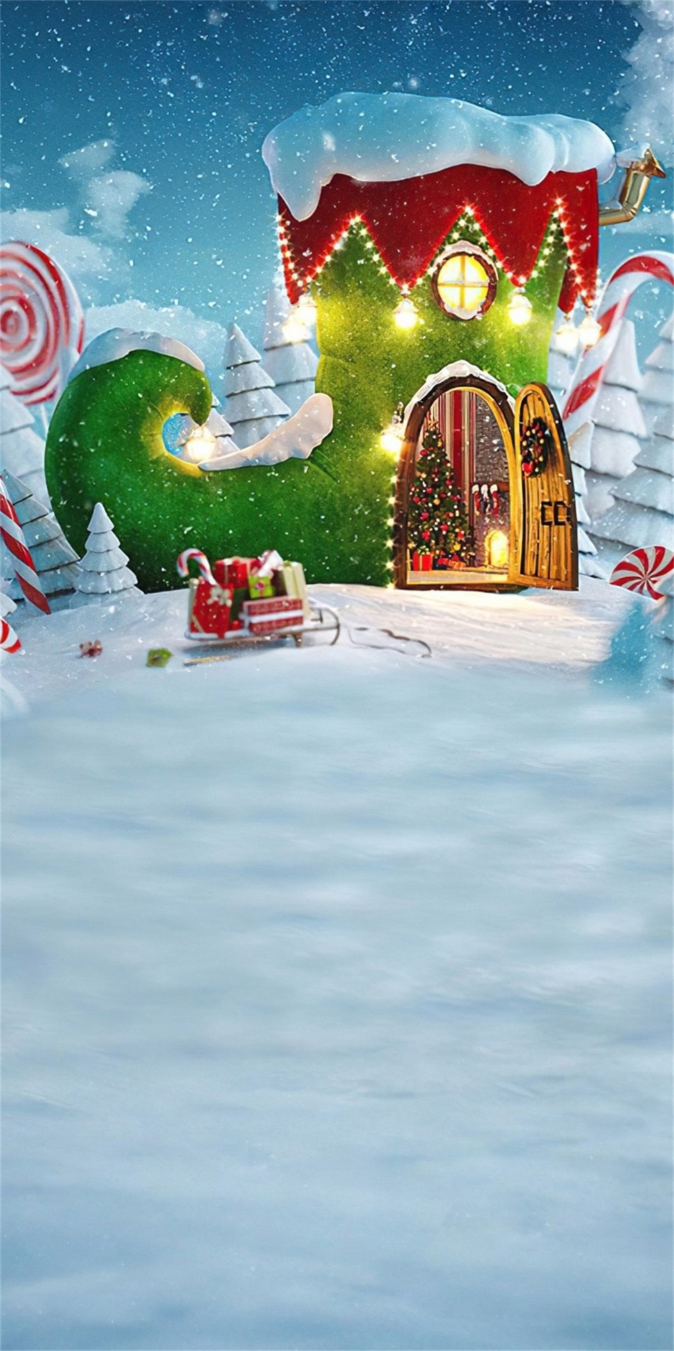 Toile de fond Noël Chalet Féérique Bottes Vertes MRR8-117