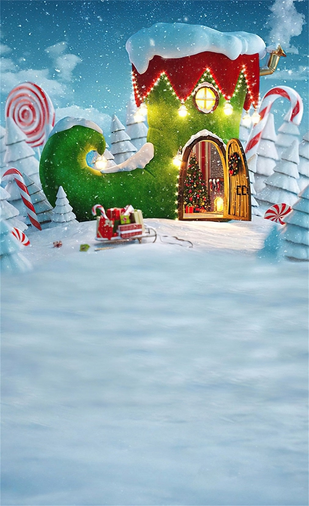 Toile de fond Noël Chalet Féérique Bottes Vertes MRR8-117