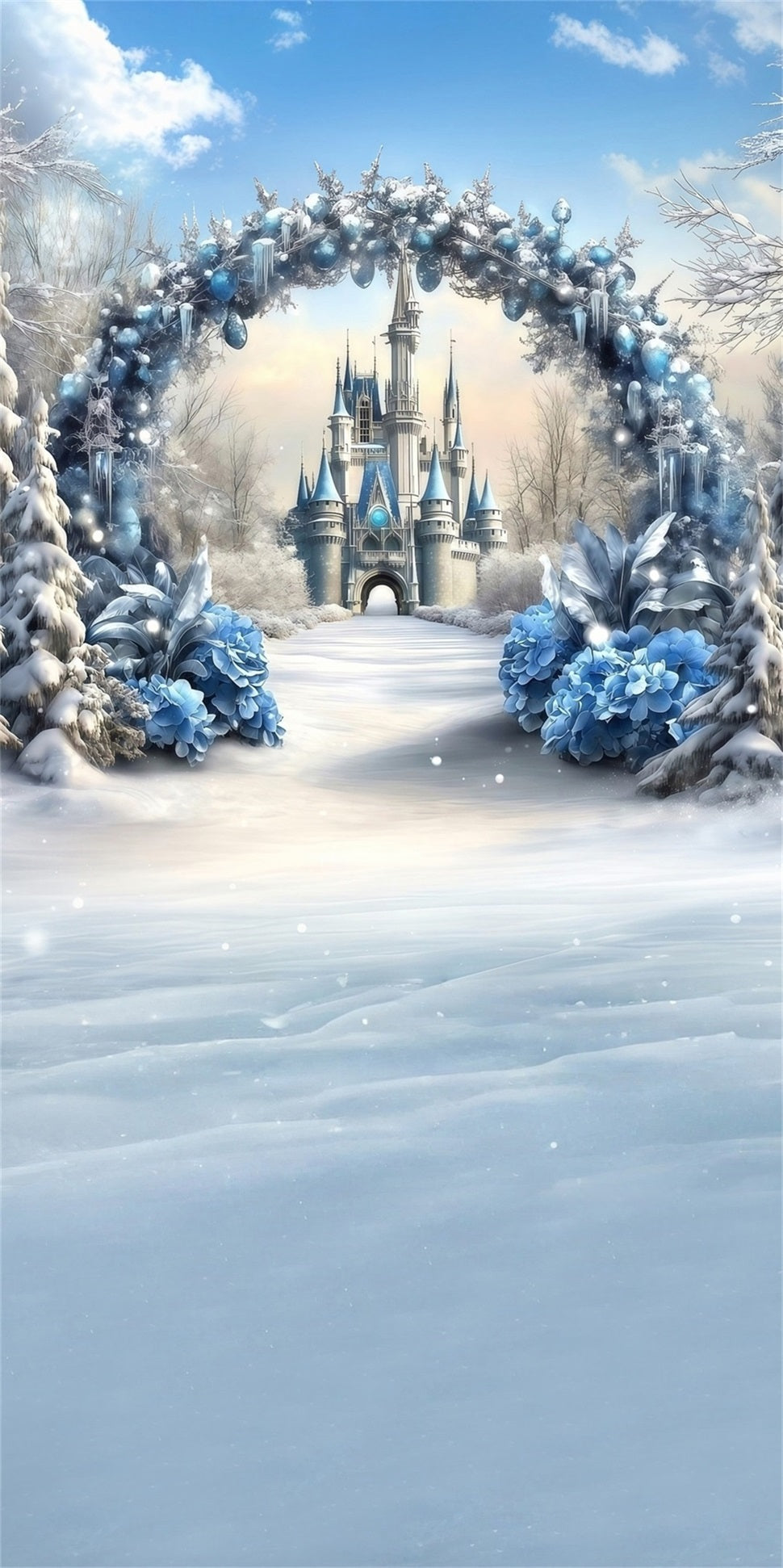 Toile de fond photo Noël Entrée Château et Arche Fleur Bleues MRR8-119