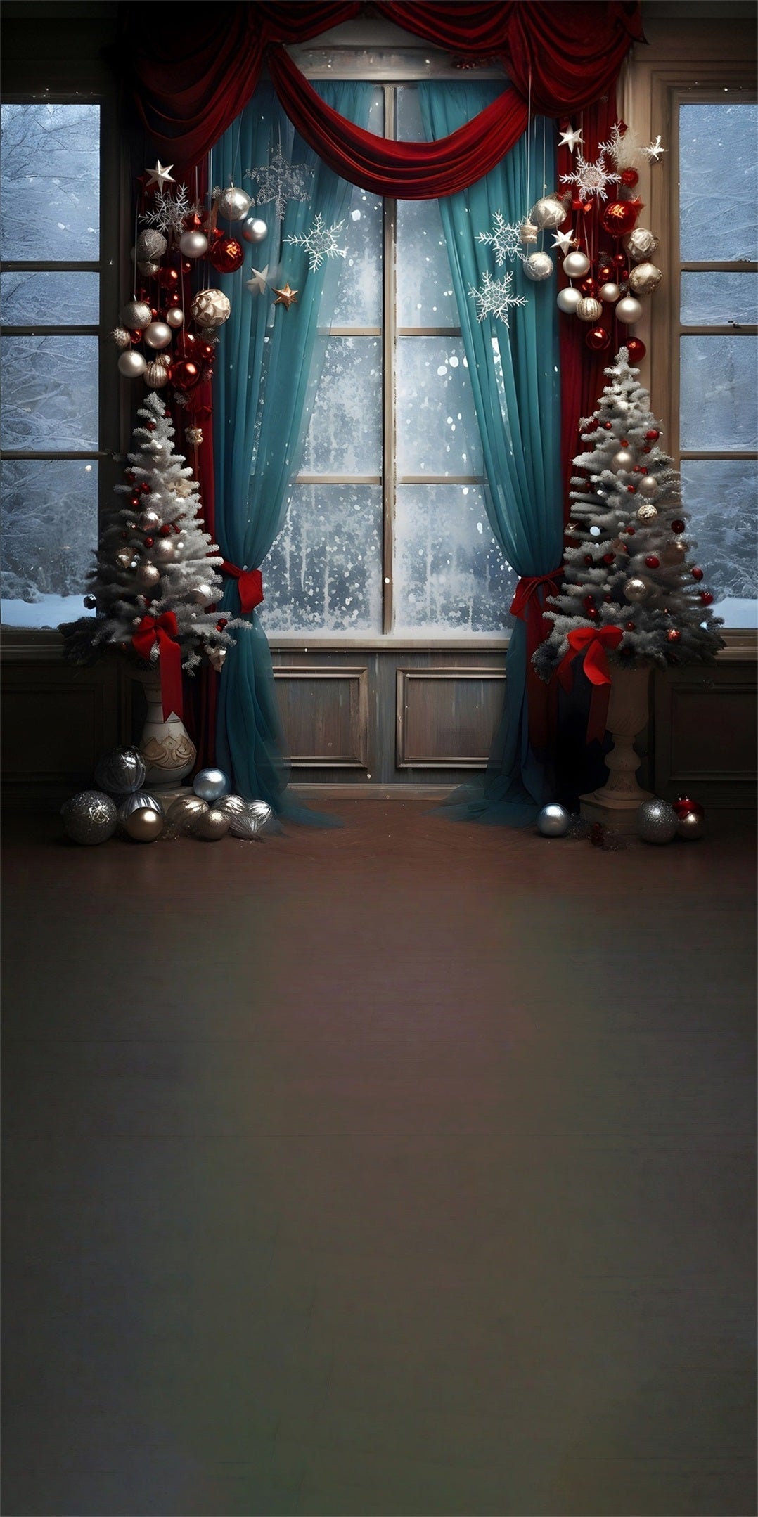 Toile de fond photo Noël Rideaux Bleus et Fenêtre Enneigée MRR8-121