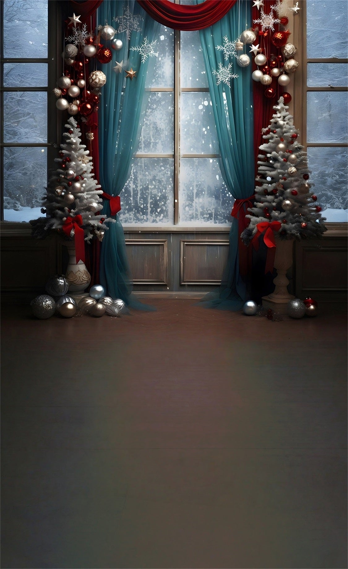 Toile de fond photo Noël Rideaux Bleus et Fenêtre Enneigée MRR8-121