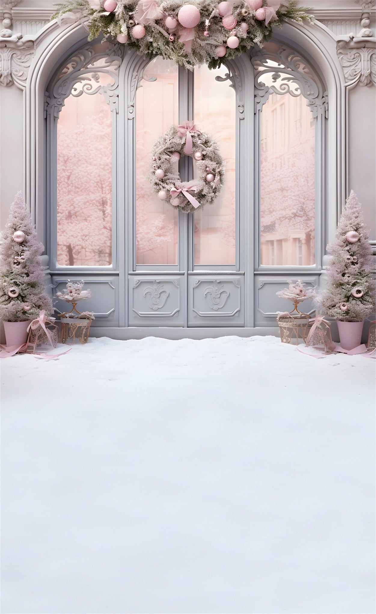 Toile de fond Noël Porte Vitrée et Couronne Rose MRR8-124