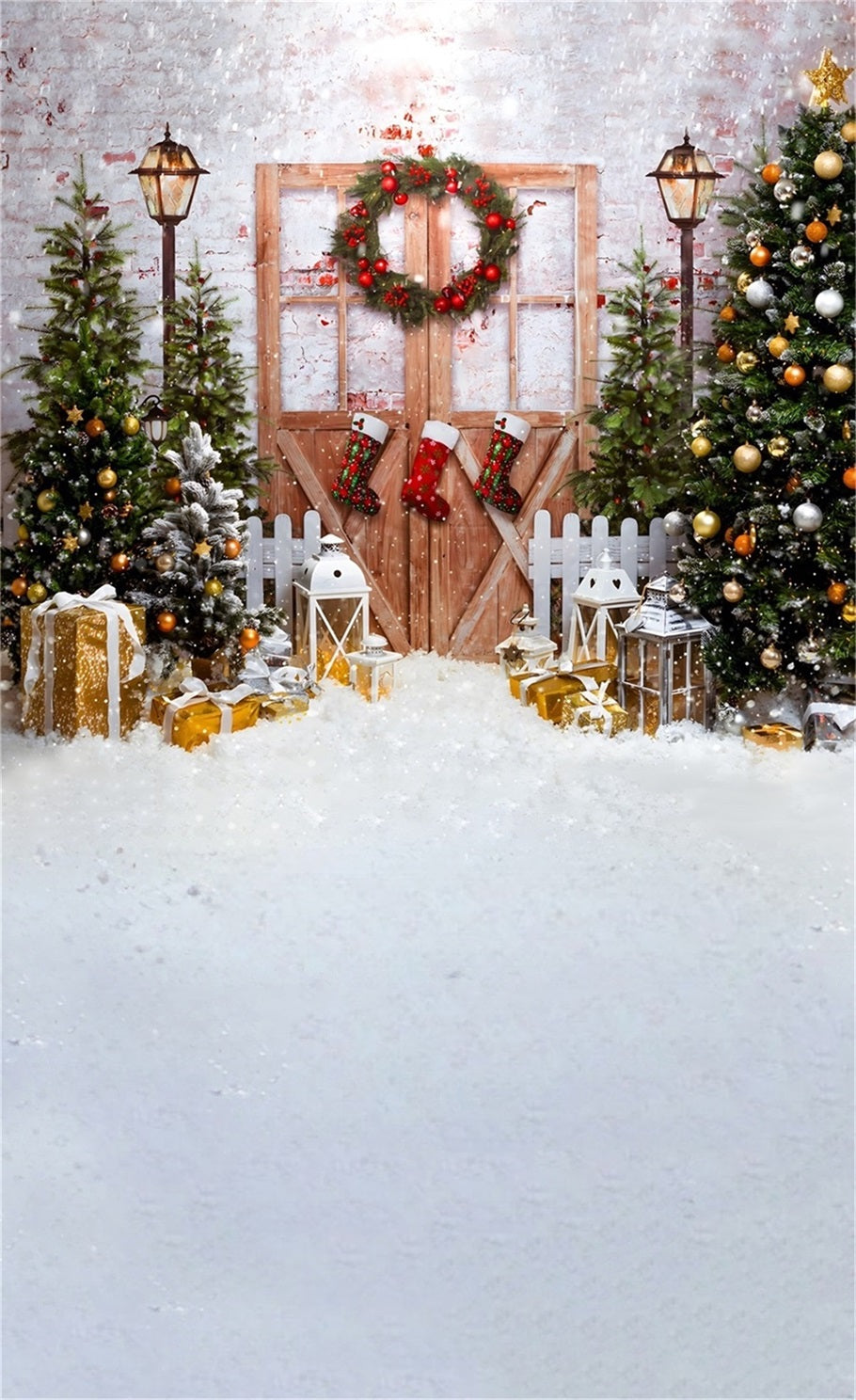 Toile de fond photo Noël Porte Bois Enneigée Classique MRR8-128
