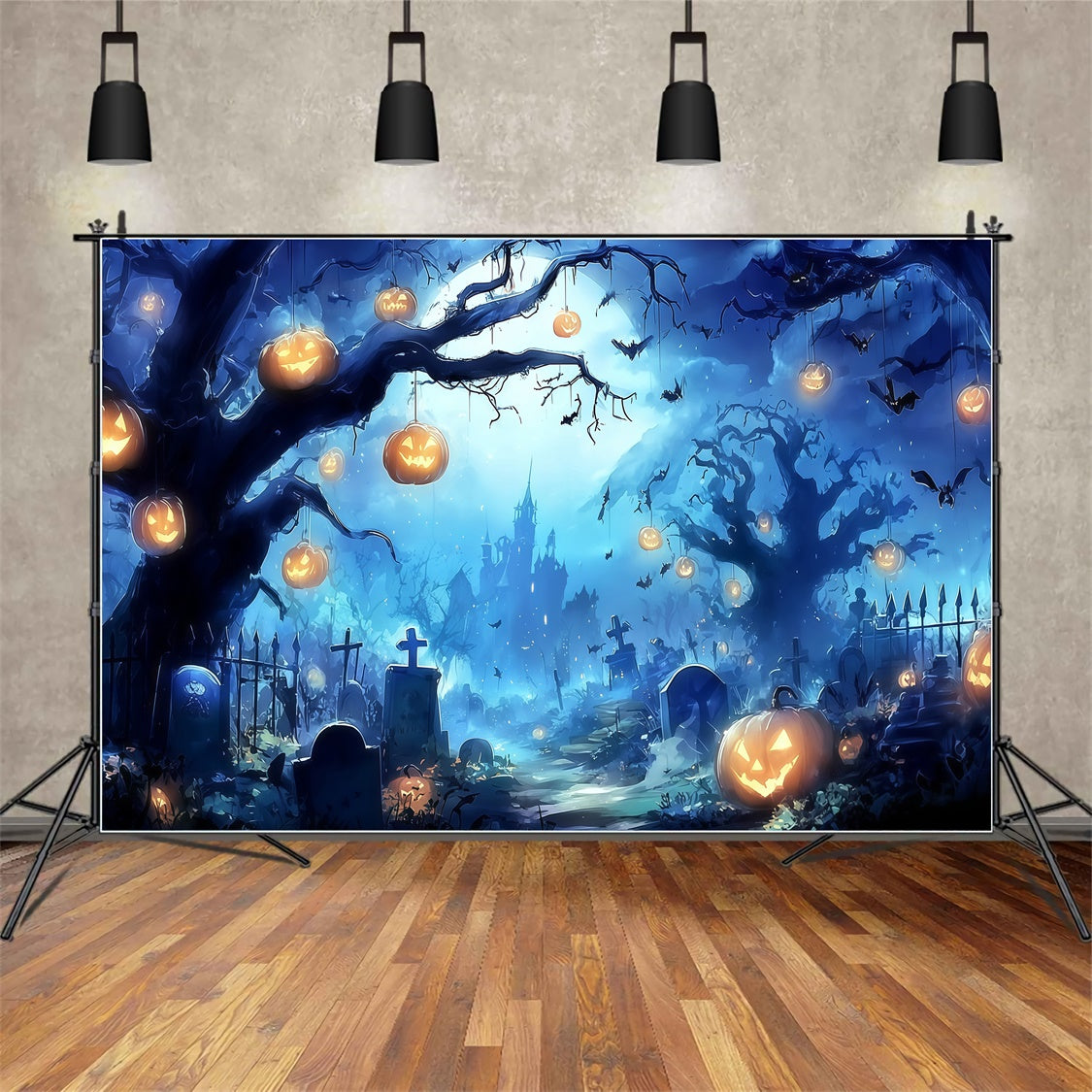 Fond de photo halloween Lustre Citrouille Forêt Château MRR8-13