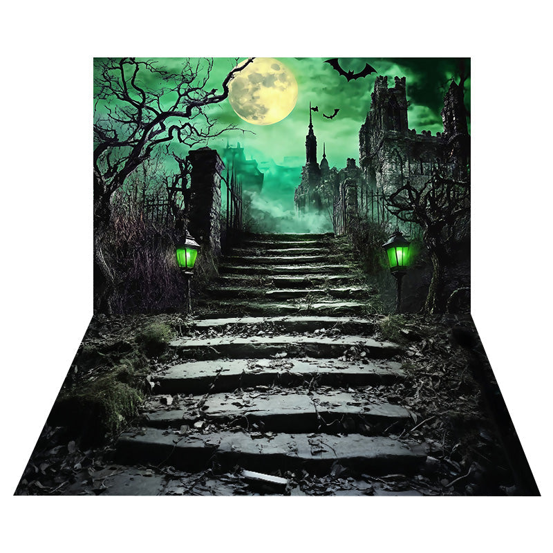 Toile de fond Château Hanté Pleine Lune + Sol Escalier Feuilles de Pierre MRR8-140