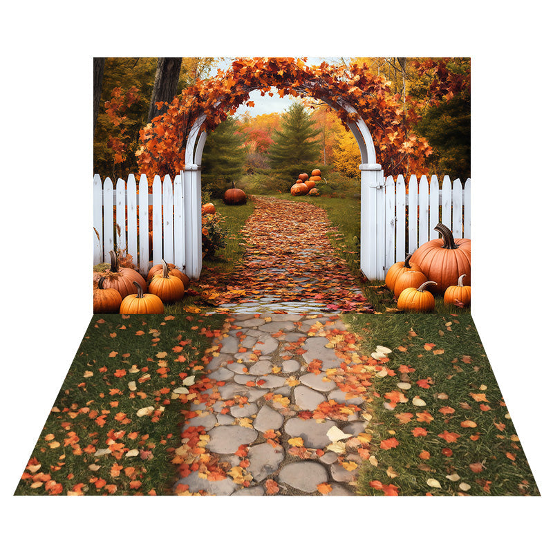 Toile de fond Portail Arche Citrouilles + Sol Sentier Pierre Feuilles d’Automne MRR8-157