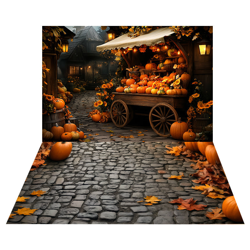 Toile de fond Chariot Marché Citrouilles + Sol Pavés Feuilles Citrouilles MRR8-168