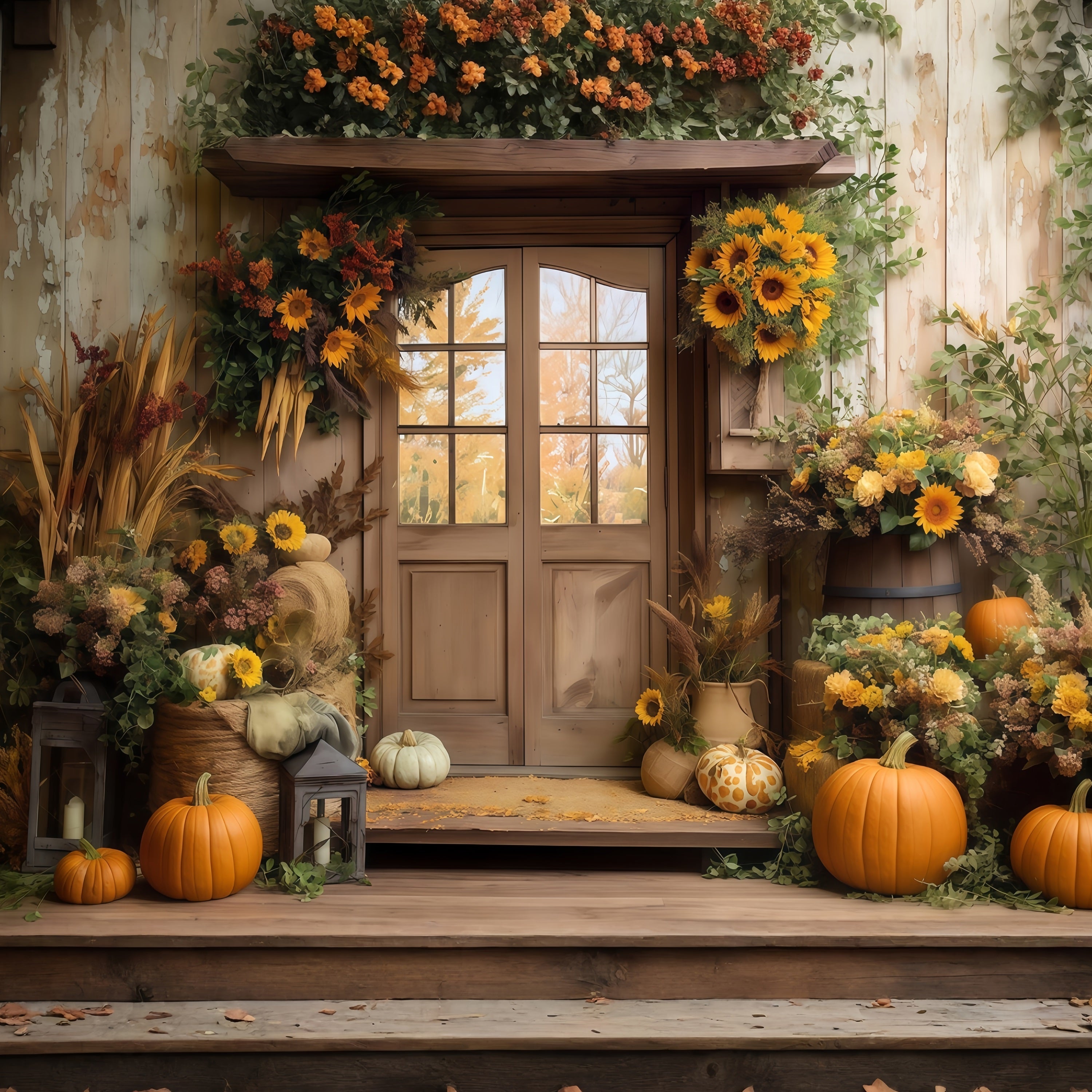 Toile de fond Photo Automne Grange Tournesol Porte Citrouille CSH57-181