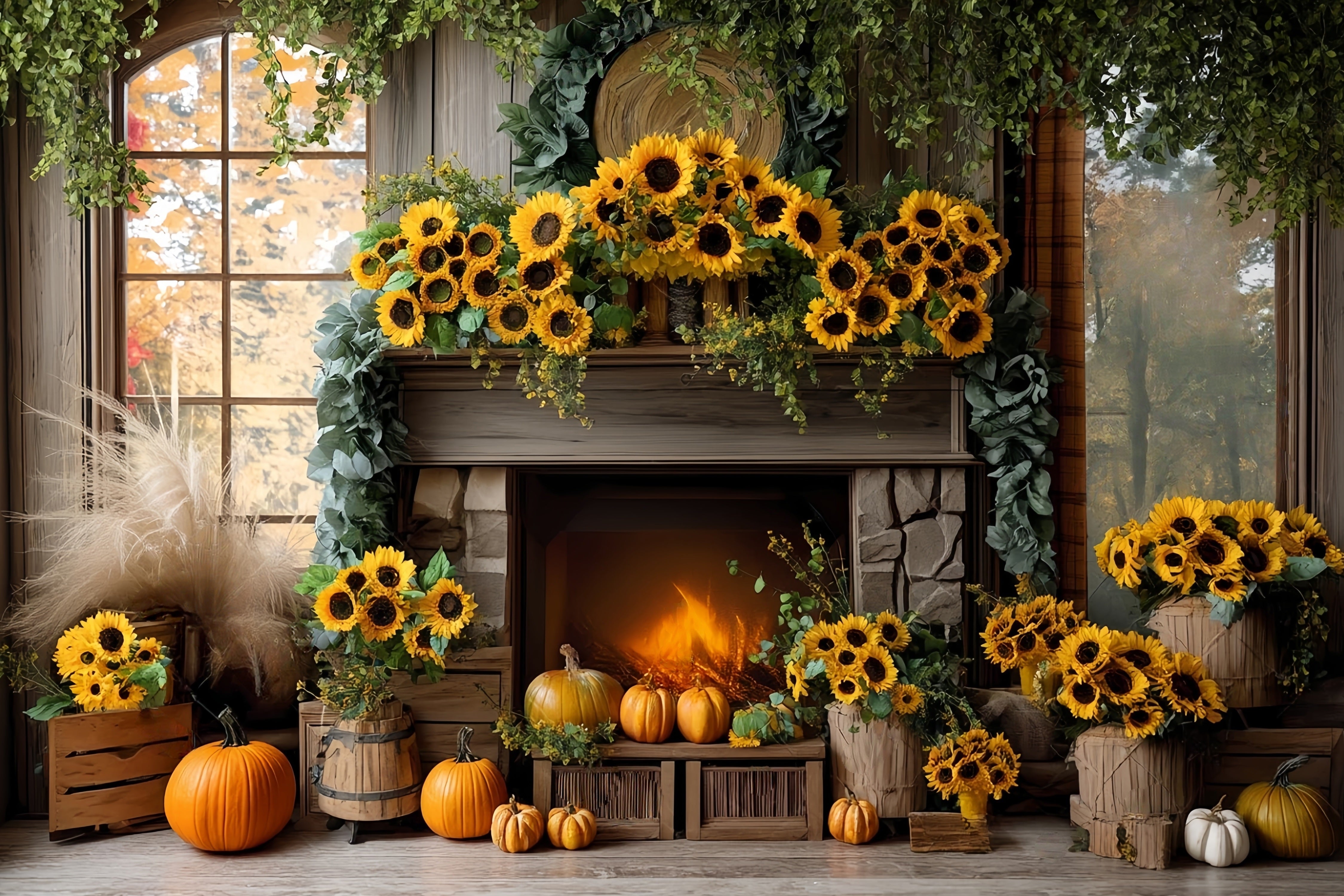 Toile de fond Photo Automne Cheminée Tournesol Porte Citrouille Automne CSH57-183