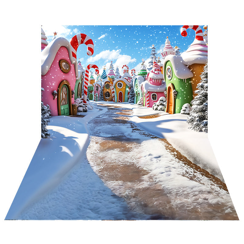 Toile de fond Village Sucré Fantaisie + Sol Neige Texture Glacée MRR8-214