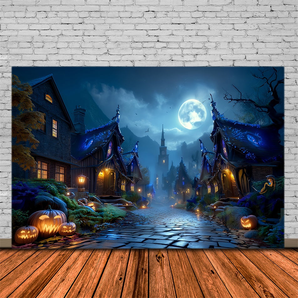 Fond photo halloween Rue Village Hanté Pleine Lune MRR8-23