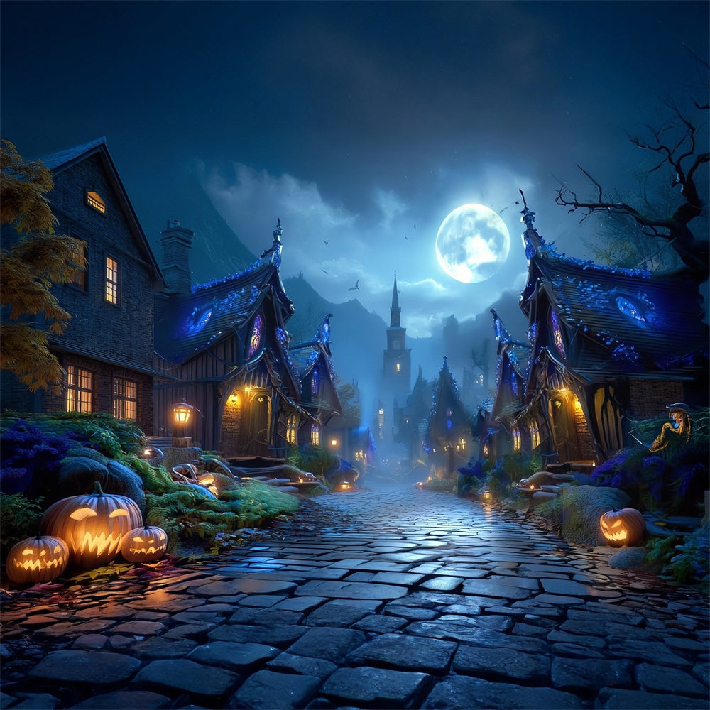 Fond photo halloween Rue Village Hanté Pleine Lune MRR8-23