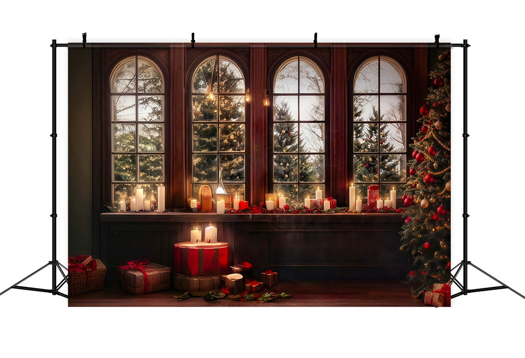 Toiles de fond Noël Fenêtre Lueur Bougies Arbres Enneigés MRR8-262