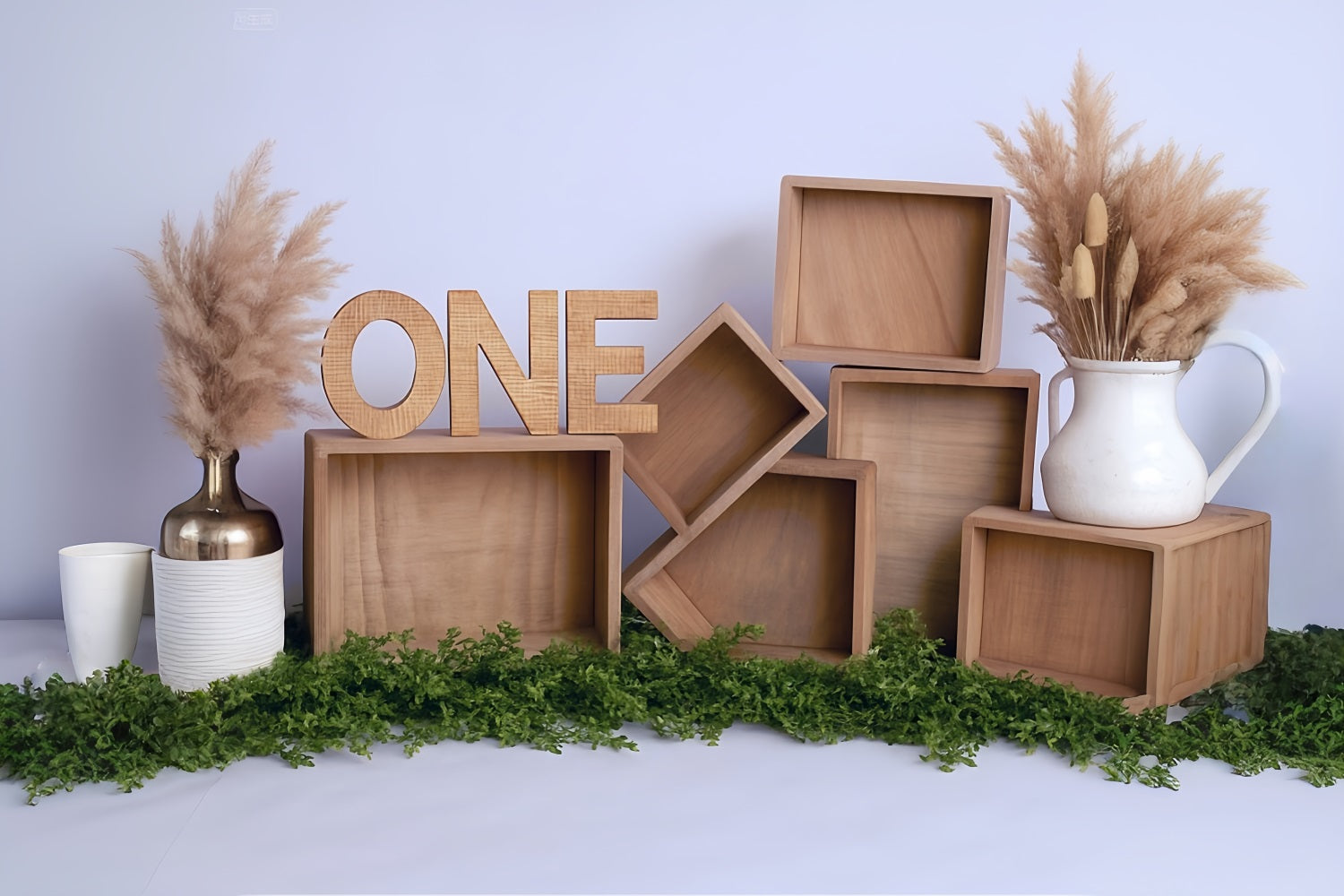 Toile de fond 1er Anniversaire Boîtes Bois Arrangement Pampas MRR8-269
