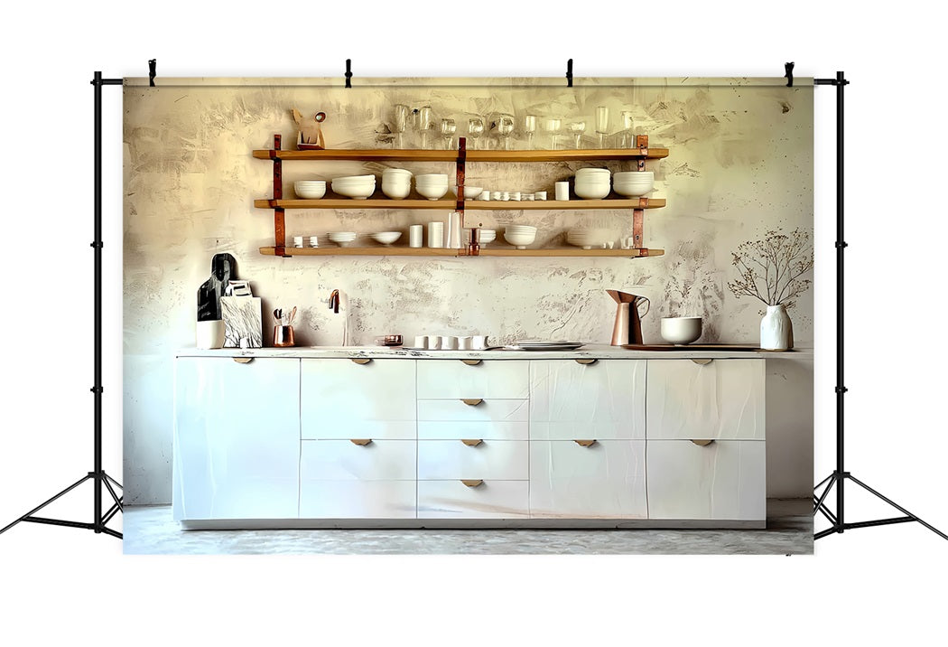 Toile de fond Vintage Cuisine Blanche Minimaliste Étagères Photo MRR8-275