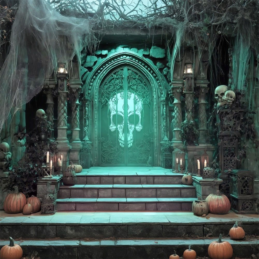 Toile photo halloween Entrée Crypte Crâne Vert MRR8-30