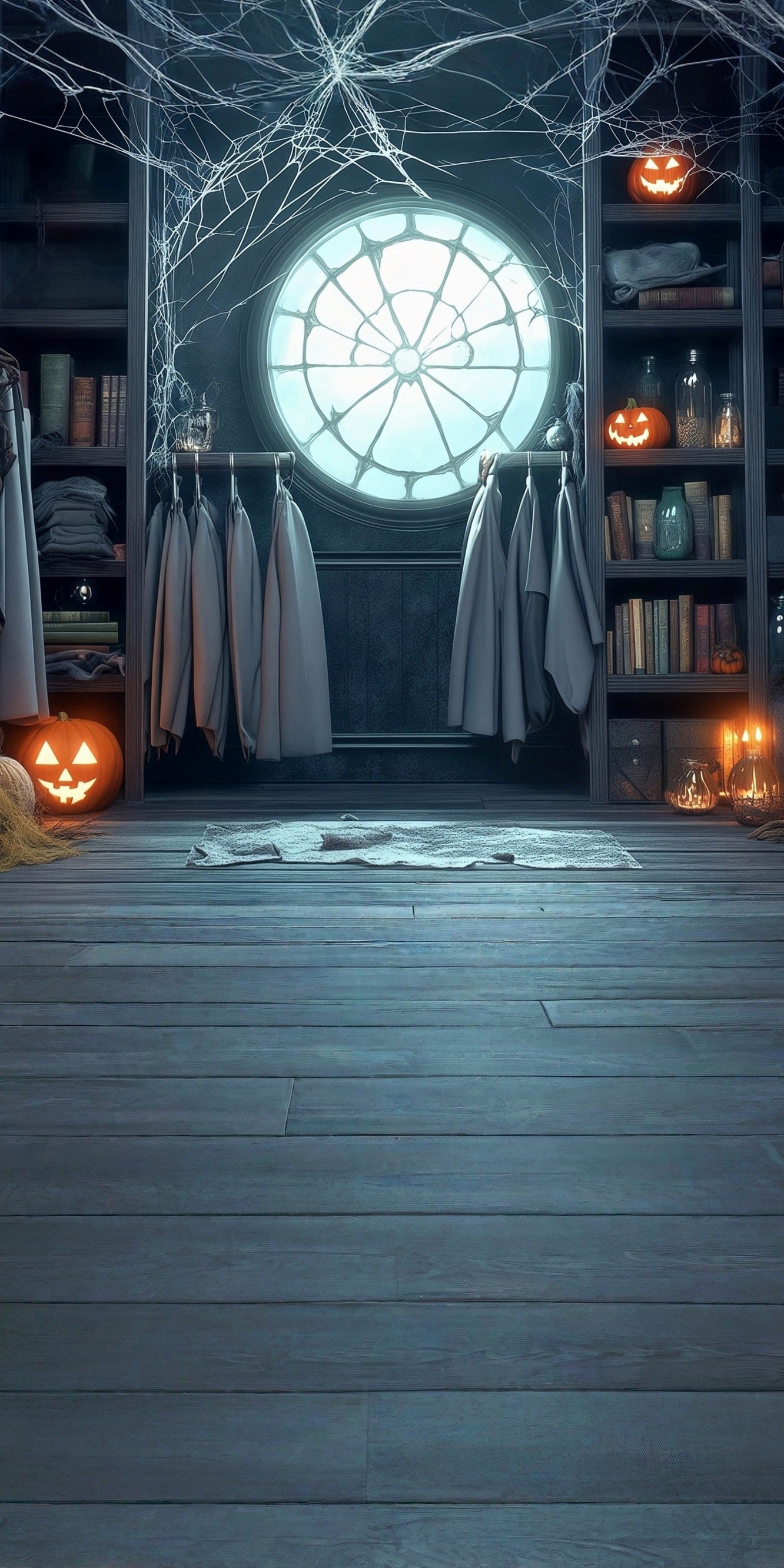 Toile de fond Sweep Halloween Fenêtre Toiles d’Araignée Citrouilles Lumières Bibliothèque MRR8-42