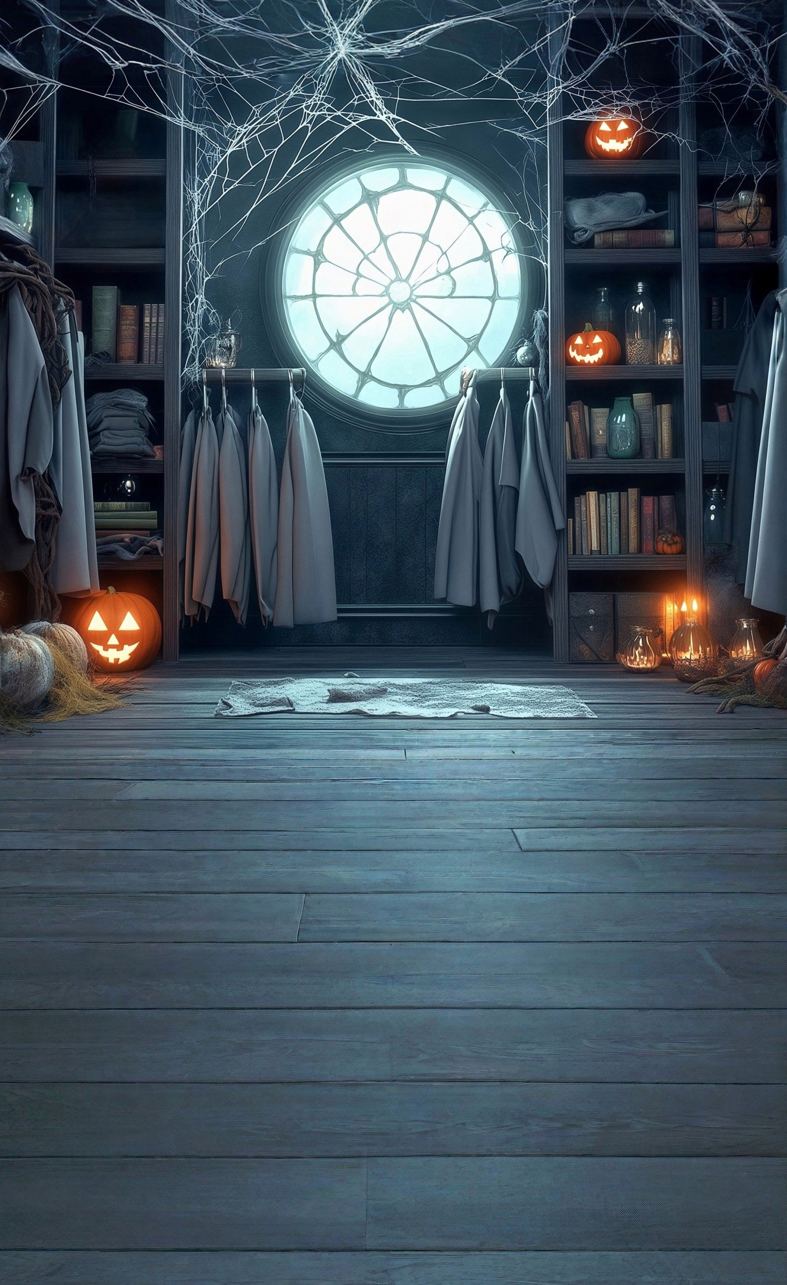 Toile de fond Sweep Halloween Fenêtre Toiles d’Araignée Citrouilles Lumières Bibliothèque MRR8-42