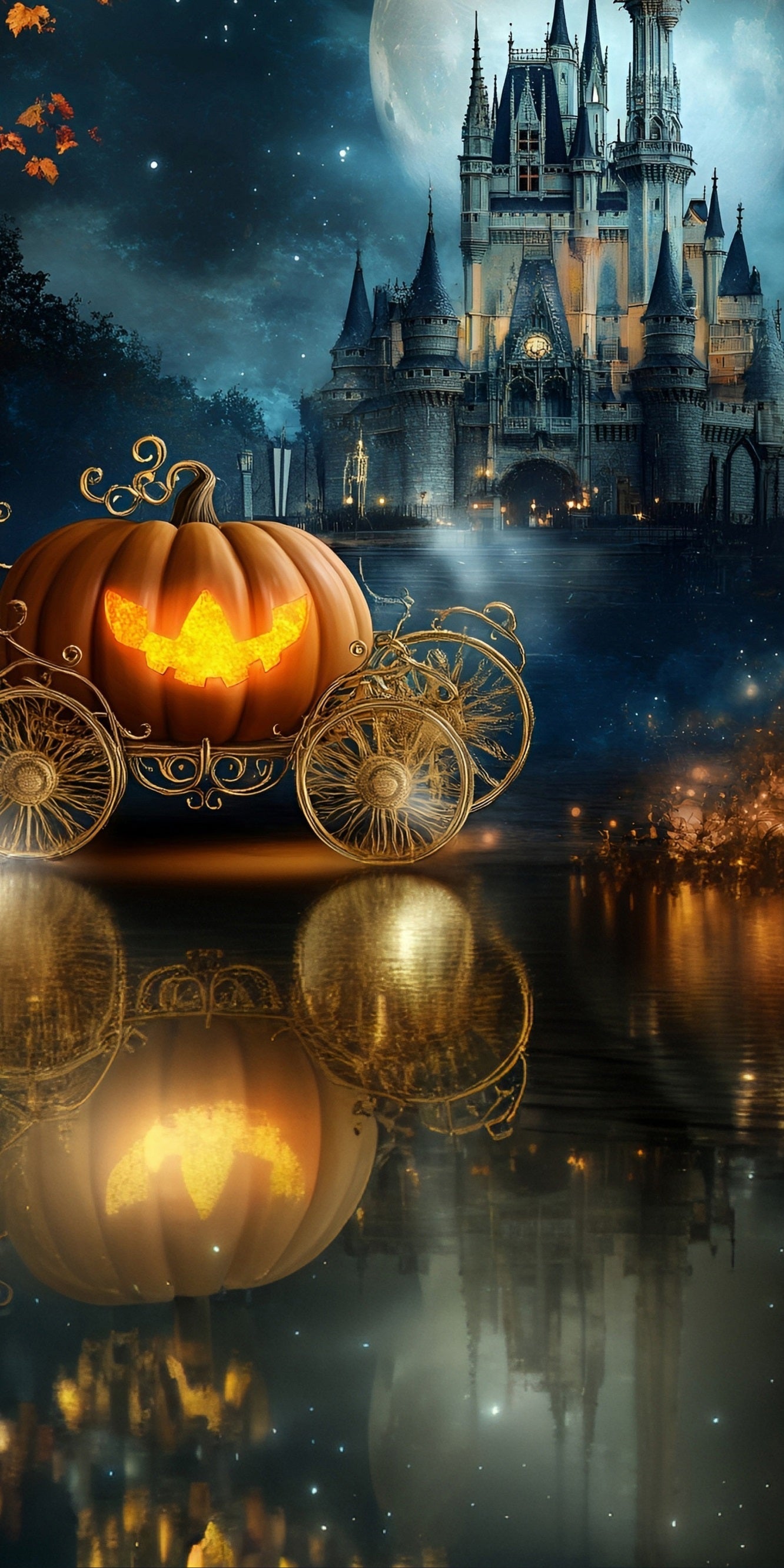 Toile de fond Sweep Halloween Carrosse Citrouille Château de Rêve au Bord du Lac MRR8-44