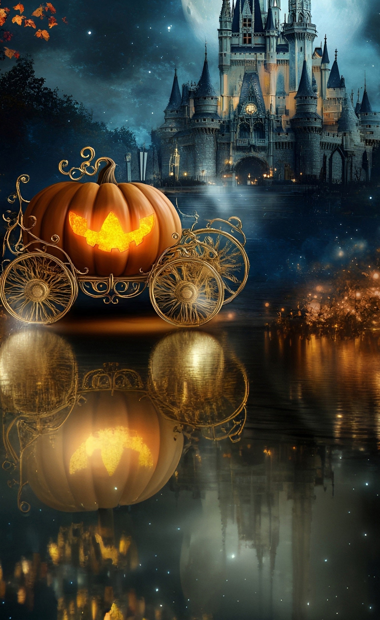 Toile de fond Sweep Halloween Carrosse Citrouille Château de Rêve au Bord du Lac MRR8-44